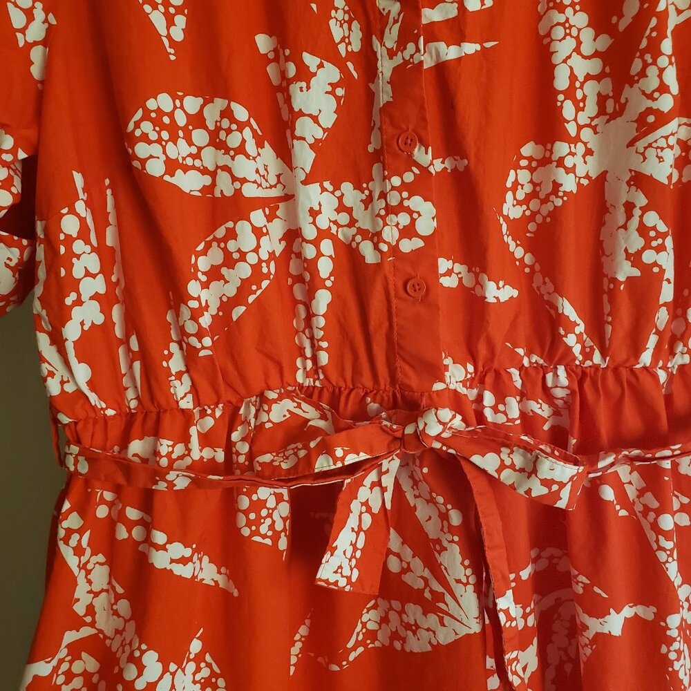 DKNY Red-Orange Print Shirt Dress 12 White Leaf Print Cotton Midi - Picture 4 of 12